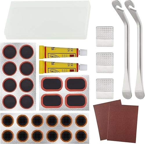Kit de reparación de parches para neumáticos interiores de bicicleta, con 24 parches de vulcanización, caja de almacenamiento portátil, raspador de
