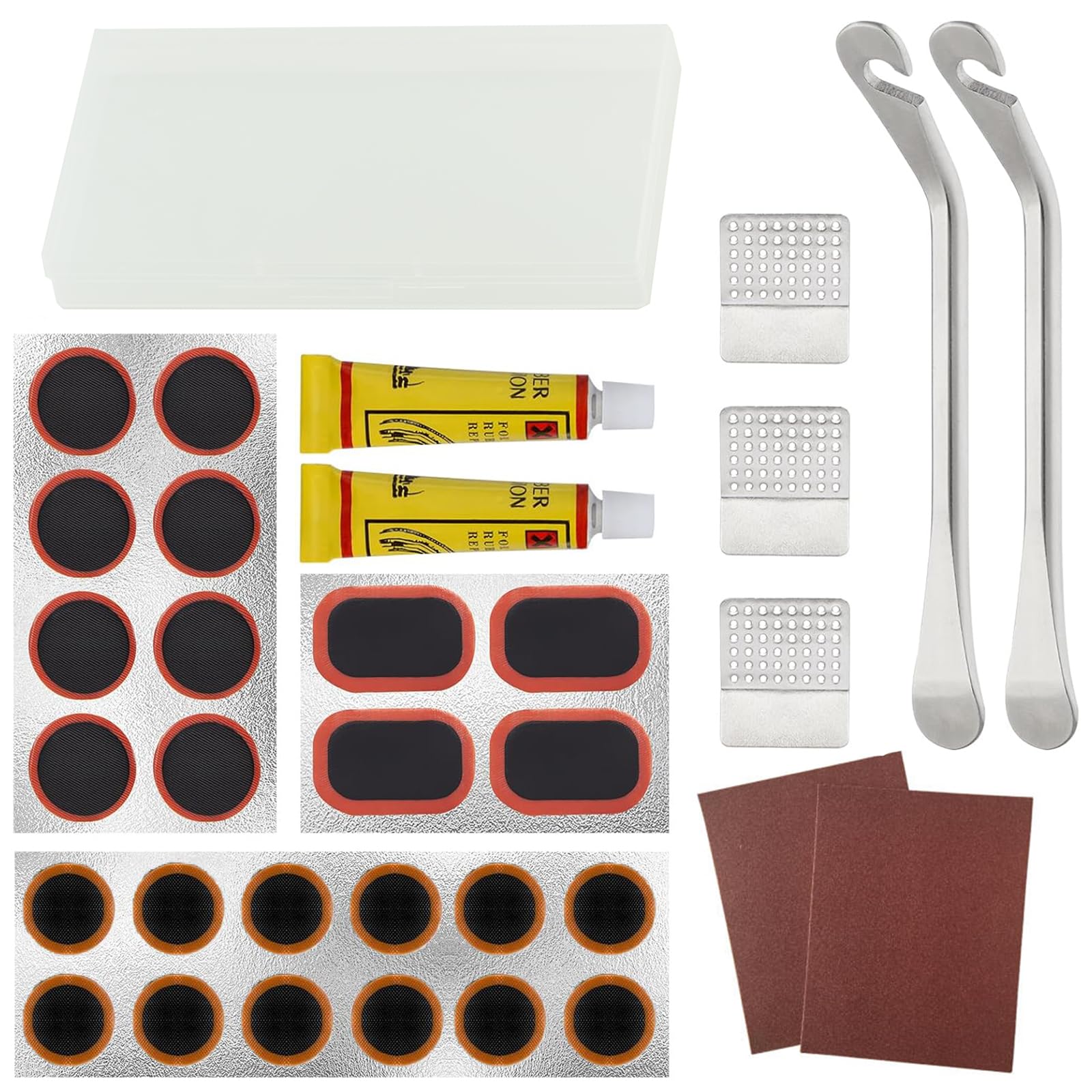 XIAOCUNCN Bike Inner Tire Patch Repair Kit, with 24 PCS Vulcanizing Patches,Portable Storage Box, Metal Rasp and 2 Premium Stainless Steel Levers - Also for Road Mountain Bicycle Trave