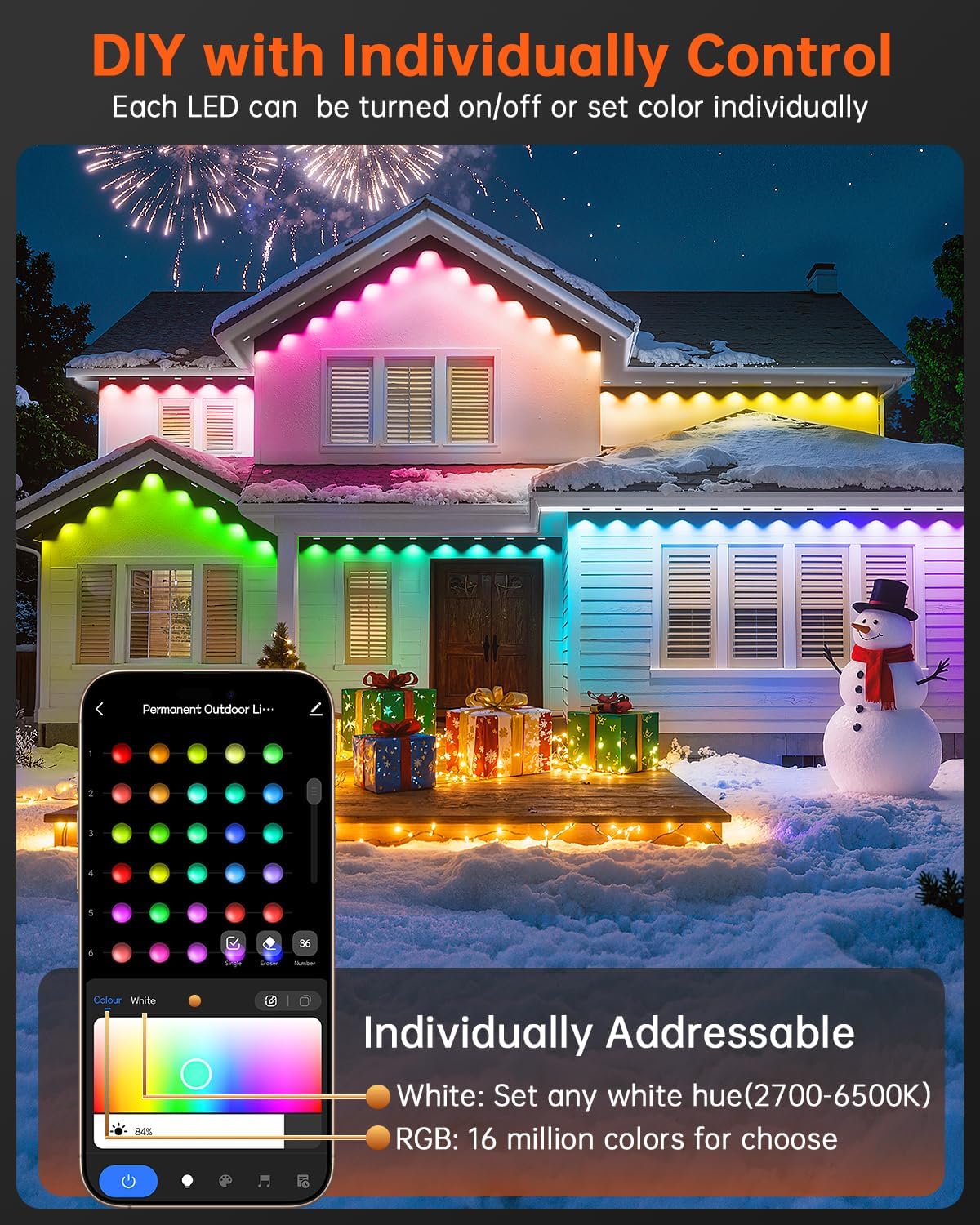 YAYZA! Permanent Outdoor Lights Pro,100ft 72 LED Smart RGB+IC+Warm/Cool White Christmas Eave Lights, 135lm, Music Sync & DIY Scenes, IP67 Waterproof for Outside Decor Works with Alexa,Google, Remote
