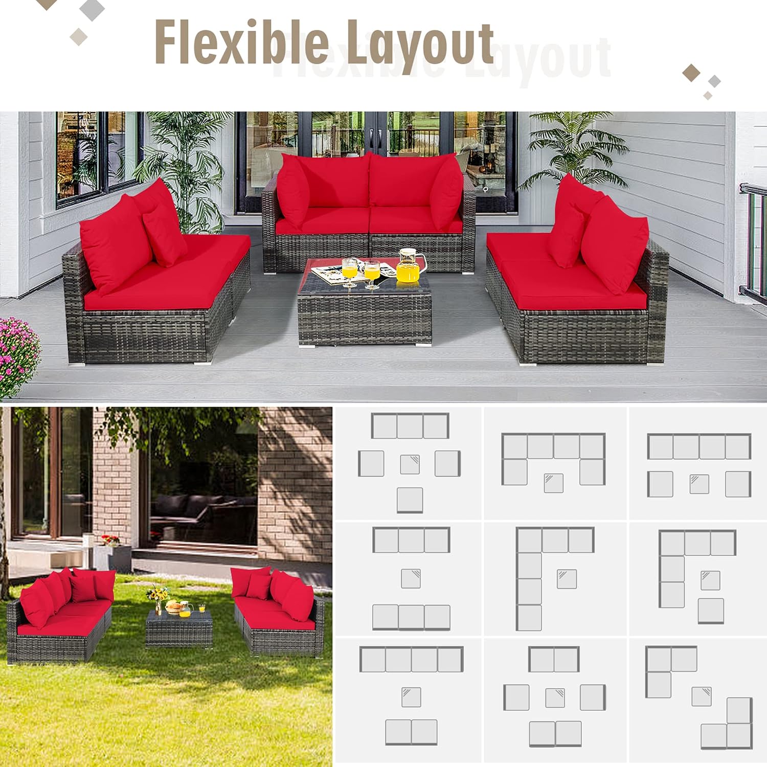 DORTALA 7Pieces PE Rattan Patio Furniture Set, All-Weather Wicker Conversation Set W/Soft Cushions & Pillows, Functional Coffee Table, Outdoor Sectional Sofa Set for Balcony, Poolside, Backyard, Red
