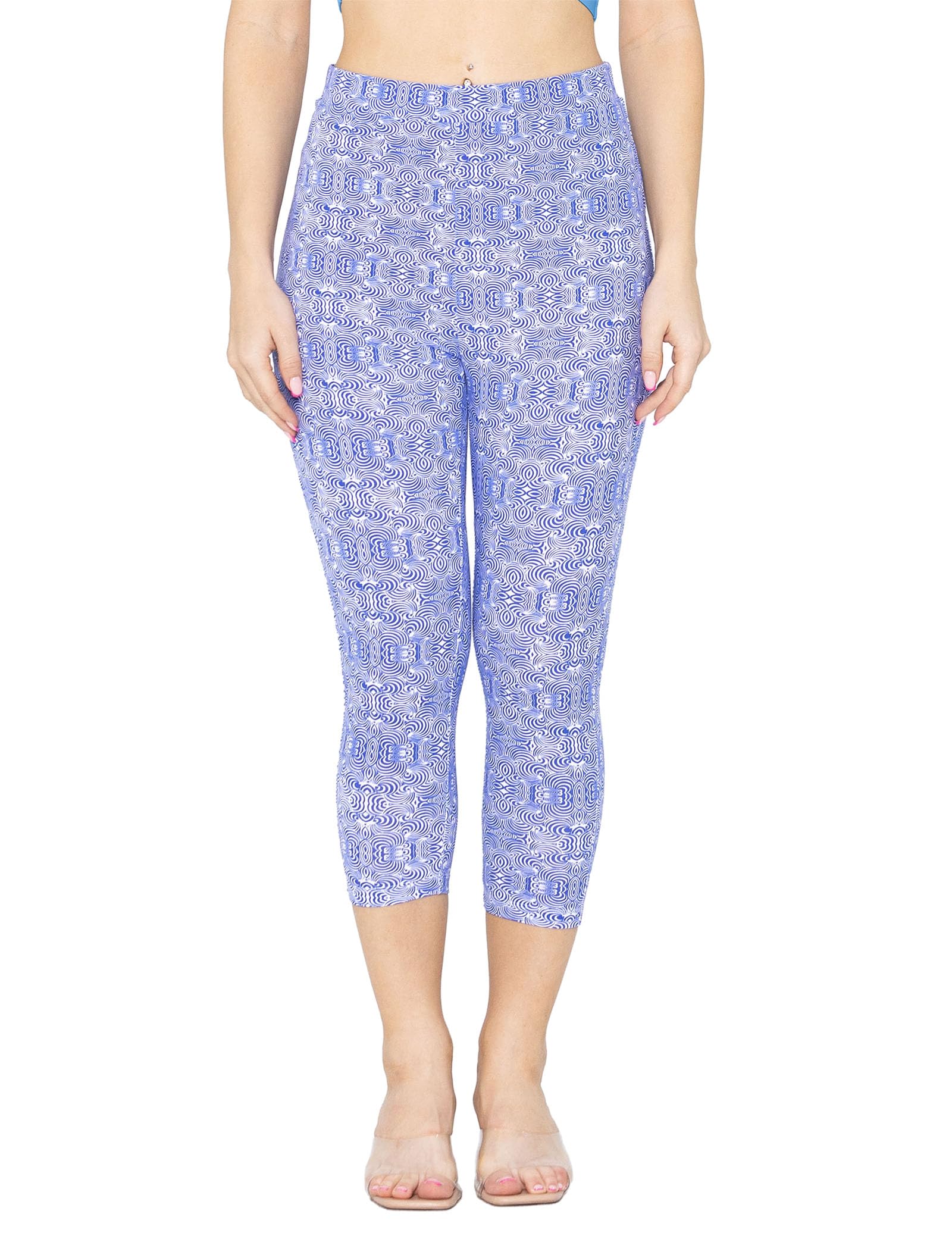 Enorsia Women's High-Waisted Bee Print Cropped Leggings No Front Seam Gym & Sports Yoga Pants Breathable Cotton Blend Running & Dance Workout Leggings (UK, Numeric, 18, XL, Regular, Regular, Blue)