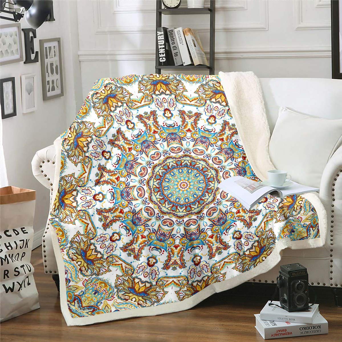 Boho Mandala Plush Blanket Bohemian Style Throw Blanket Chic Mandala Printed Fleece Sherpa Blanket for Chair Sofa Couch Women Luxury Exotic Floral Room Decor Single 50"x60"