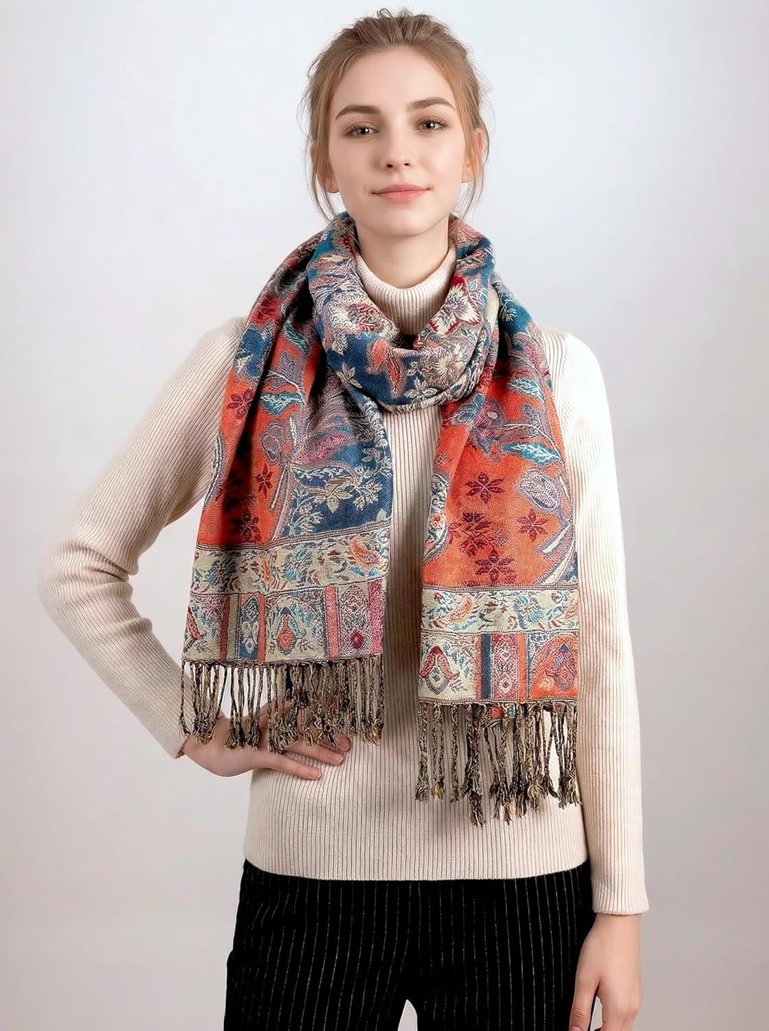 Achillea Reversible Paisley Pashmina Rave Scarf – Exotic Indian Shawls and Wraps for Evening Dresses, Festivals, All Seasons - Image 2