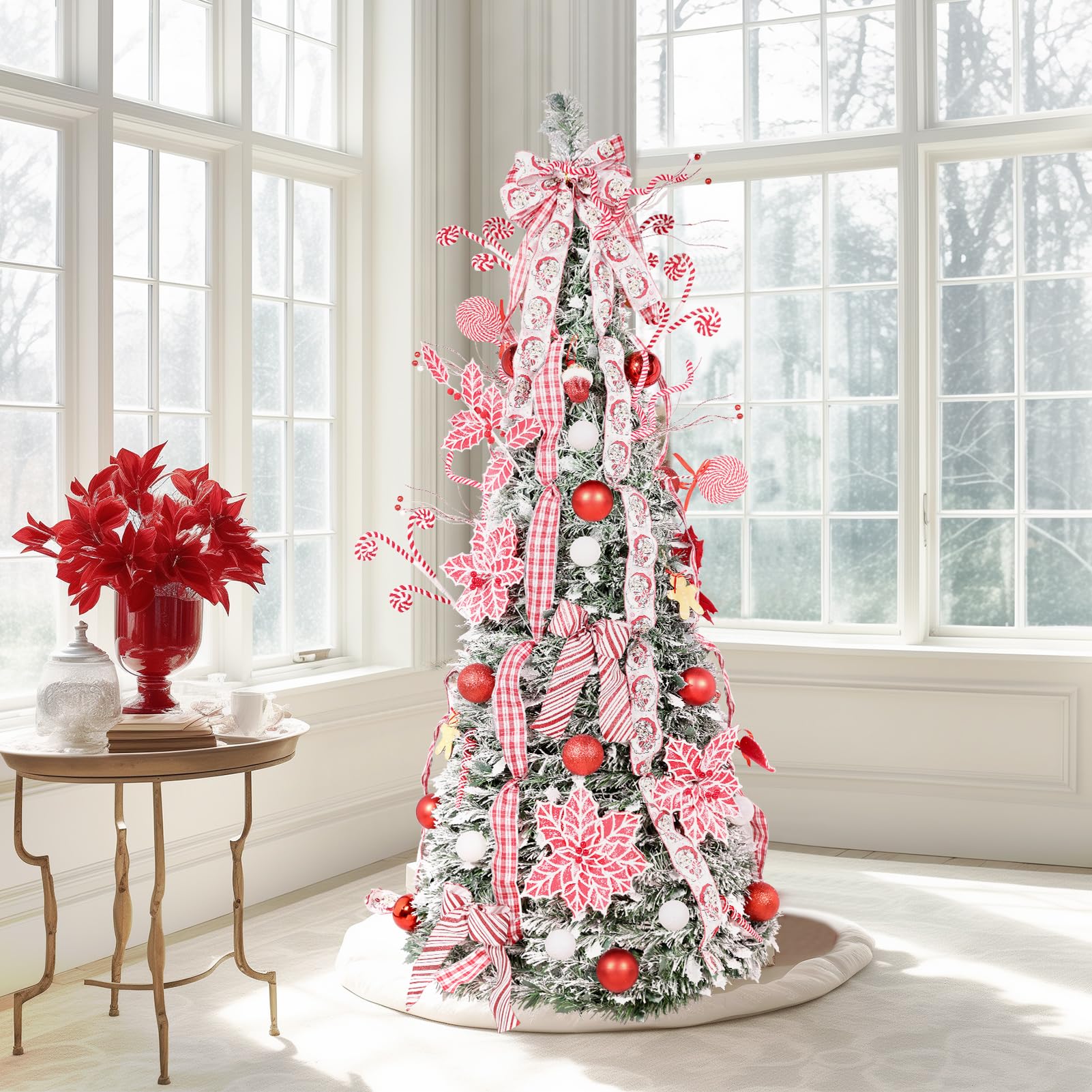 WBHome 6.5 FT Candy Cane Pop-Up Christmas Tree, Pre-Lit and Fully Decorated, Fire-Resistant Collapsible Outdoor Indoor Holiday Party Decor