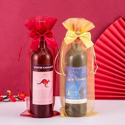 Miniatura 4 de Pinkmiumiu Bolsas de vino de organza doradas, 20 bolsas con cordón para botellas con lazo, bolsas de regalo de vino transparentes para bodas, baby