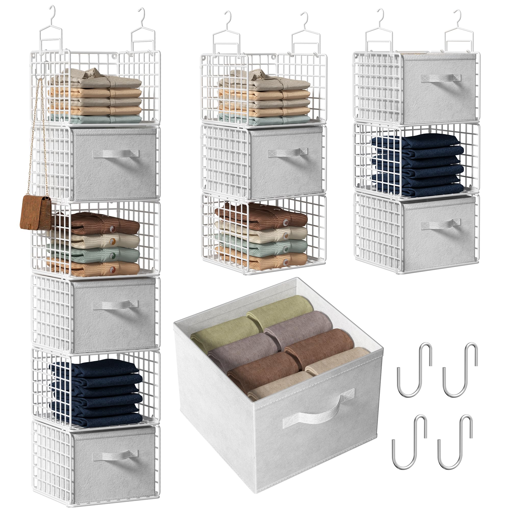 Closet Hanging Organizer with Drawers, 6 Tier Metal Closet Organizers and Storage with 4 Hanging Hooks 4 S-Hooks for Wardrobe Laundry Room, Wire