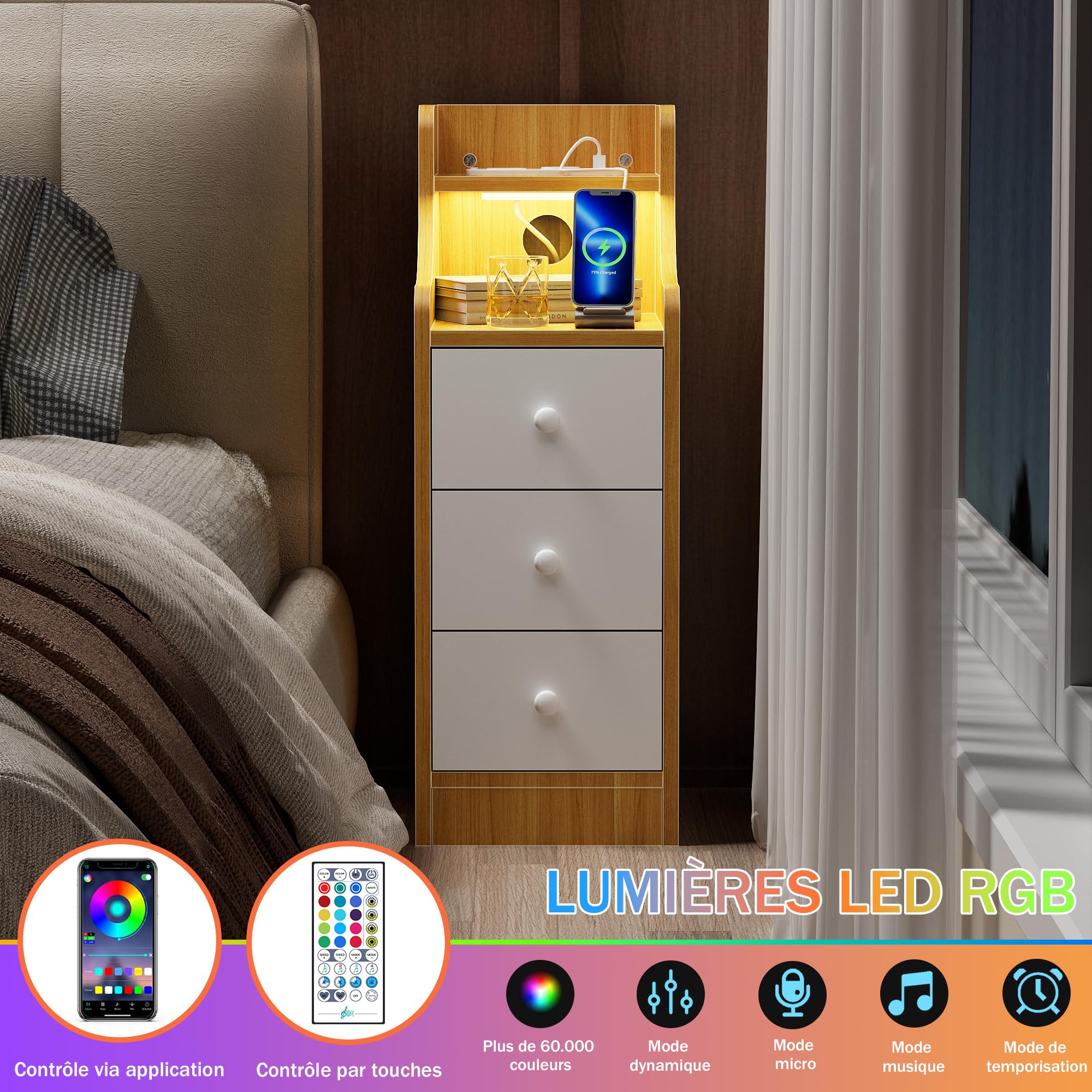 Table de Chevet Etroite avec Éclairage LED RGB et Prise 2 AC 2 USB, Table de Nuit Étroite Bois avec 3 Tiroirs, Lumière Bluetooth Table d’Appoint pour Salon Chambre Bureau, Marron 30x25x70cm