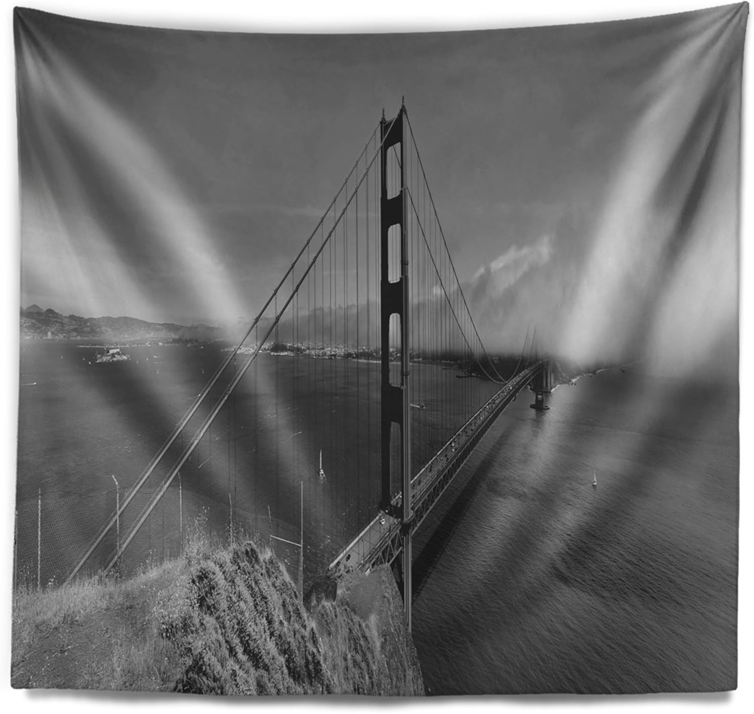 Designart ' Golden Gate Gray Panorama' Sea Bridge Tapestry Blanket Décor Wall Art for Home and Office x Large: 92" x 78"