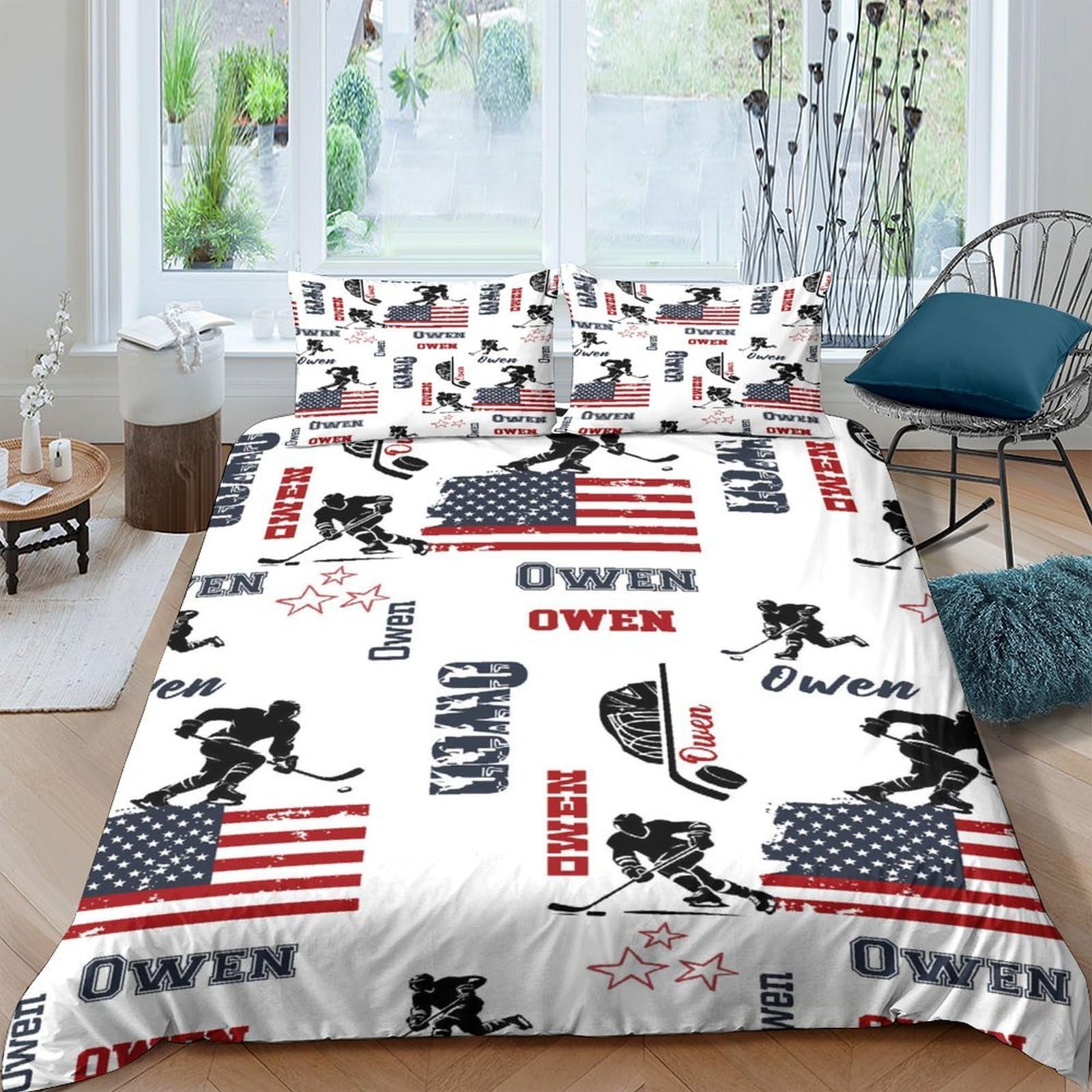 GPLZQXKJNH 3D Printed American Flag Hockey Duvet Cover Microfiber Soft Breathable Sports Bedding Set with 2 Pillowcases for Bedroom Home Single（135x200cm）