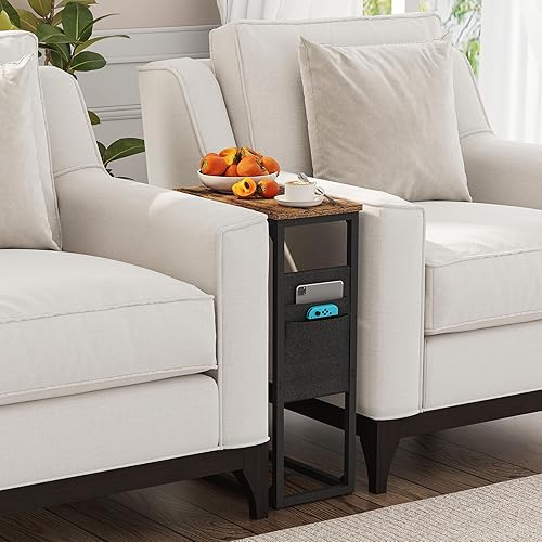 Miniatura 9 de TUTOTAK Mesa auxiliar en forma de C, mesa auxiliar para sofá, mesa de sofá con bolsa de almacenamiento, bandeja de TV para sala de estar,