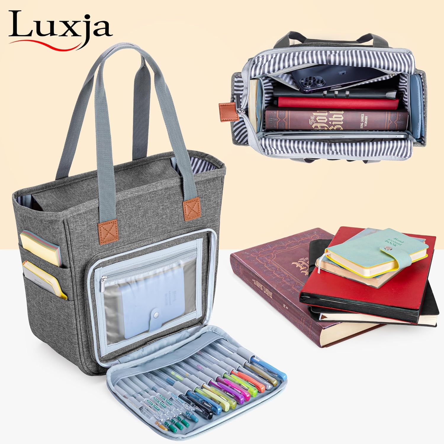LUXJA Bible Case Tote for Women, Bible Bag with Multiple Pockets for Bible Study Items, Gray