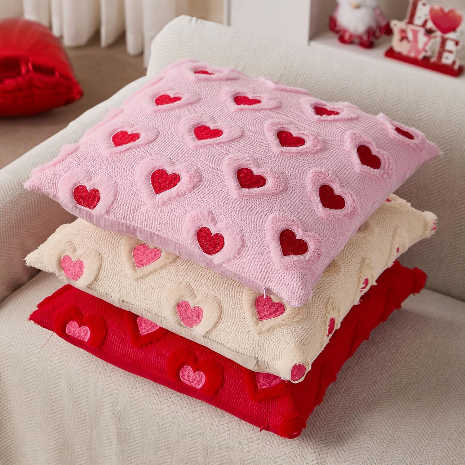 Valentines Pillow Covers 20x20 Inch Set of 2 Pink Embroidery Beige Heart Decorative Beige Soft Plush Faux Wool Throw Pillows for Couch Sofa Bedroom Holiday Home Decor MRD01C50