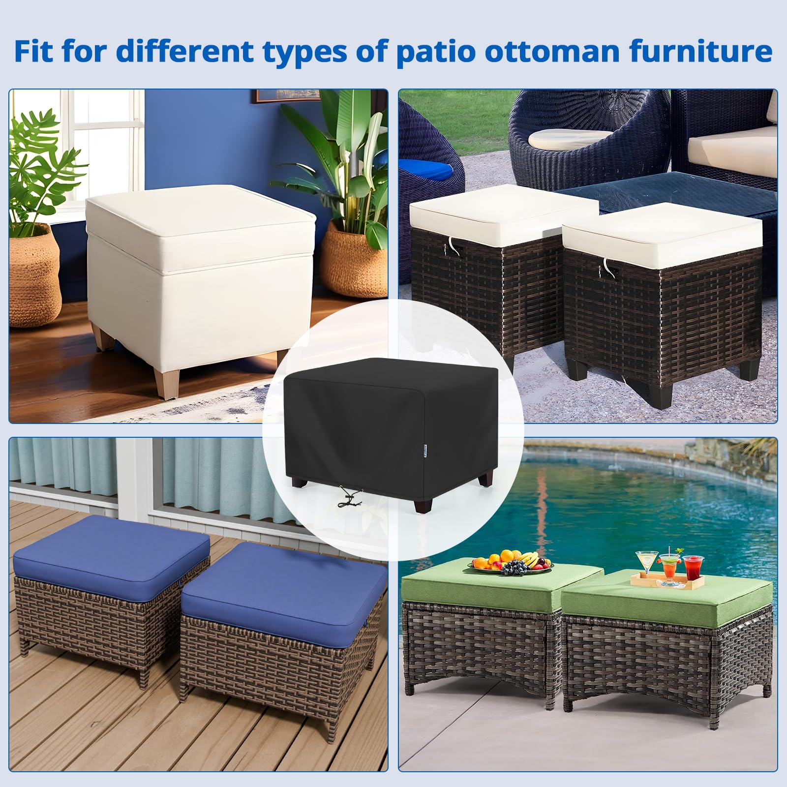 SunPatio Pokrowiec na otomanę na zewnątrz, wytrzymały, wodoodporny kwadratowy pokrowiec na stolik kawowy, pokrowiec na meble ogrodowe, ochrona przed każdą pogodą, 32 szer. x 32 gł. x 18 cm, czarny