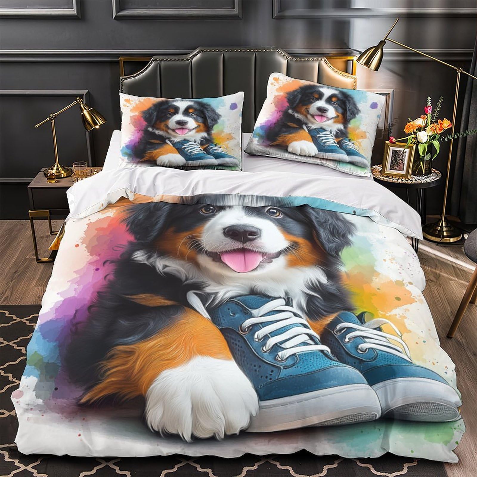 Housse de couette chiot mignon 3D en microfibre 220x240cm avec 2 taies