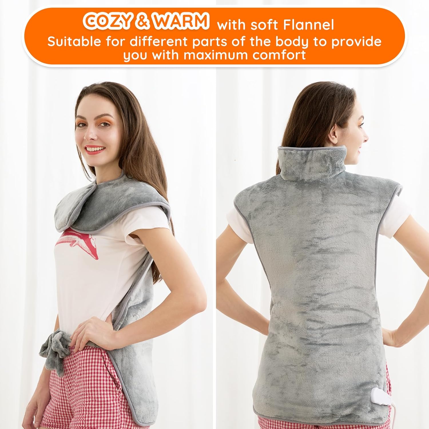 Mia&Coco Heating Pad for Neck Shoulders and Back, XL 23"x39" Soft Flannel Wrap, Waist Strap, Fast Heat Hot Therapy 6 Heat Settings, Auto-Off Timer, Machine Washable, Grey