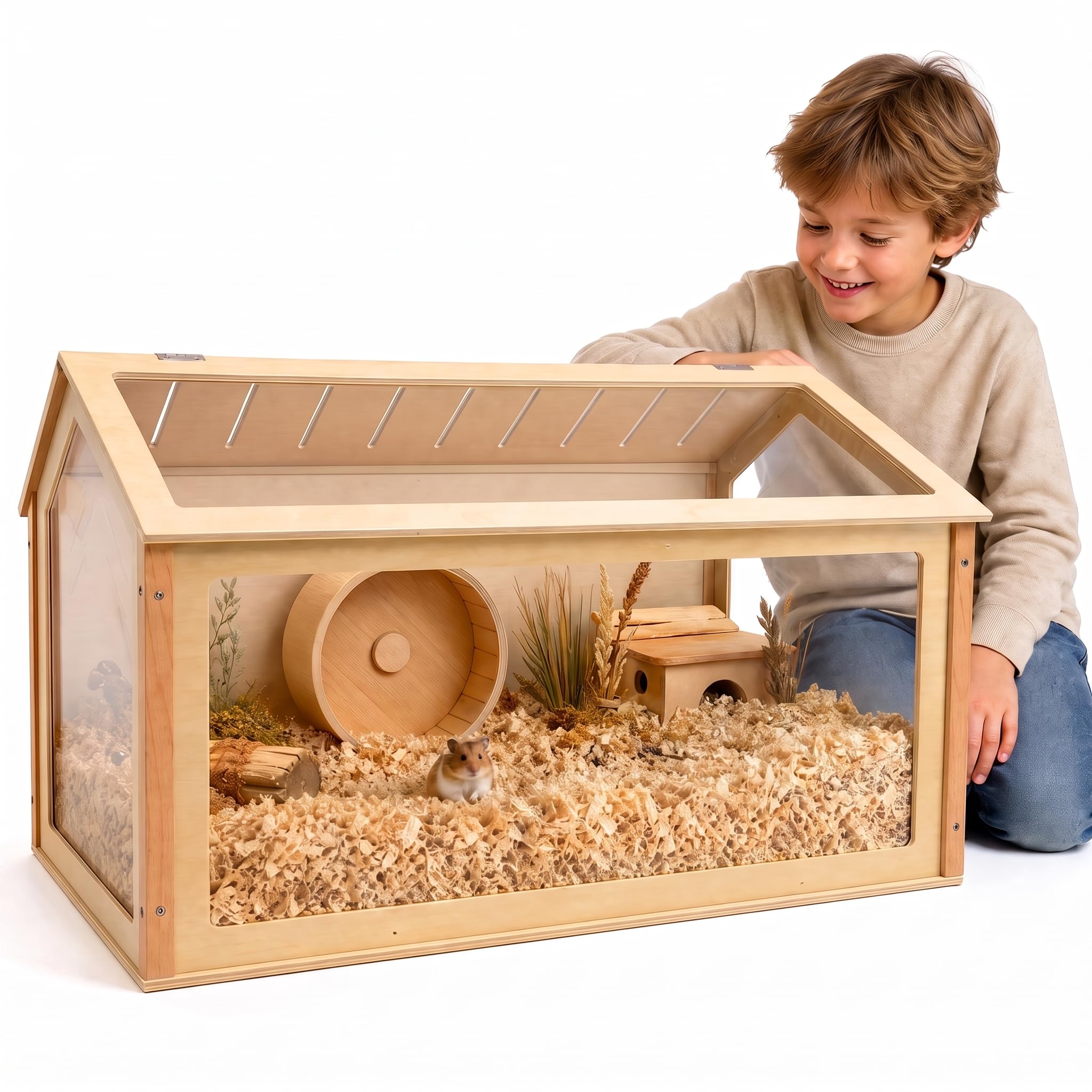 Hamstervilla Theodore 105x55x50cm | Hamsterkäfig aus Acrylglas | Aus Lindenbaumholz gefertigt | Artgerecht und modern | Nagarium