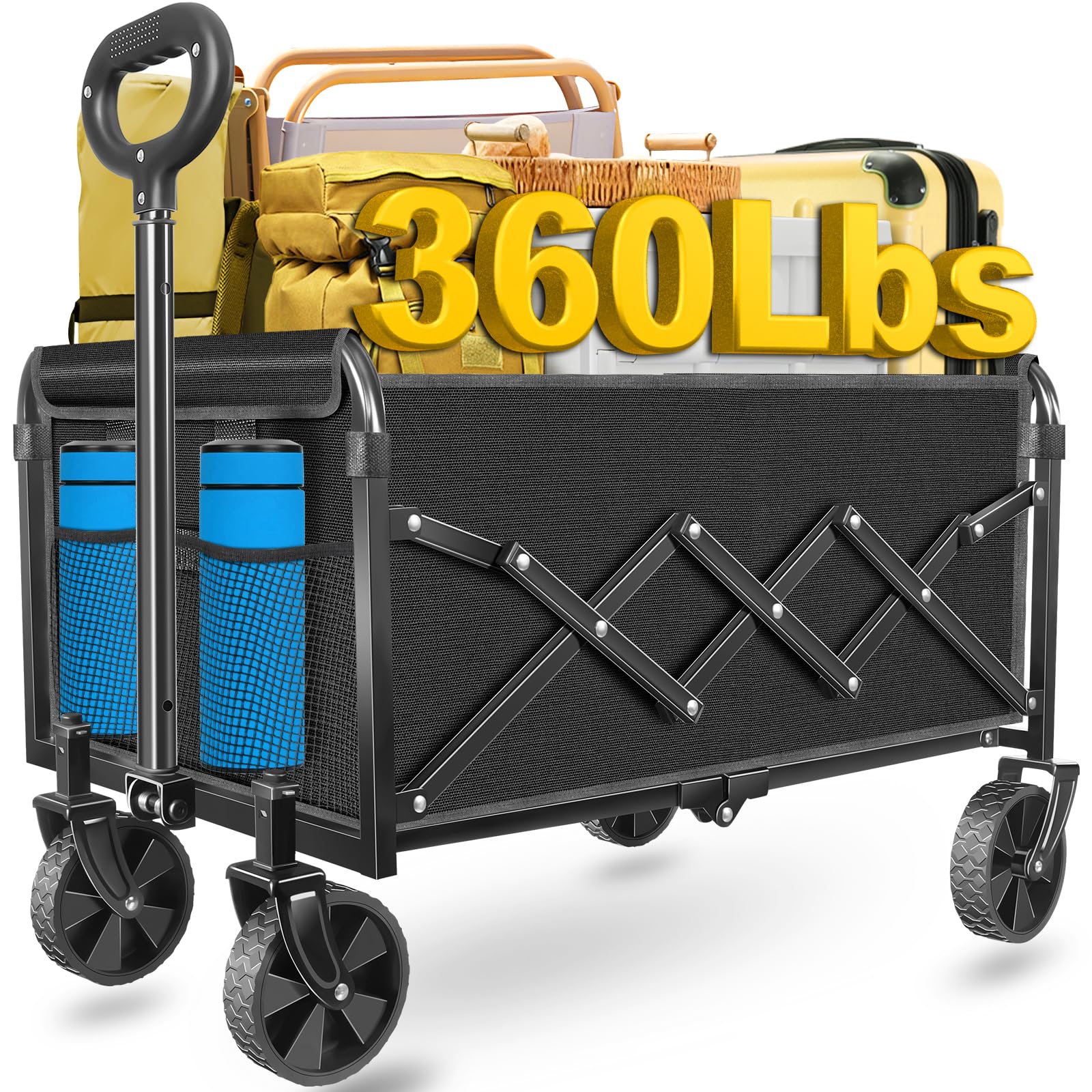 Wagons Carts Foldable, Collapsible Wagon with Wheels - Durable Foldable Wagon for Groceries,Picnic & Pets, Small Hauls, Apartment Moving & Storage, Portable Utility Pull Wagon Cart, 360lbs, Black