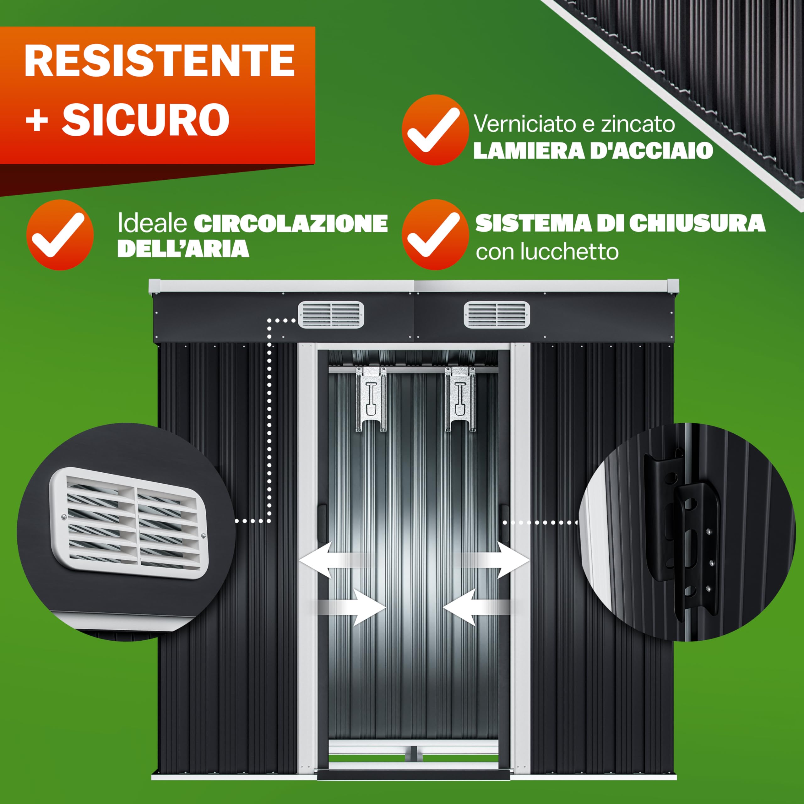 GARDEBRUK® Casetta da Giardino Capanno Attrezzi Giardinaggio in Metallo 2m² con Fondamenta 200x125x180cm Porta Scorrevole Casetta per Attrezzi verde Capanna da Esterno 4m³