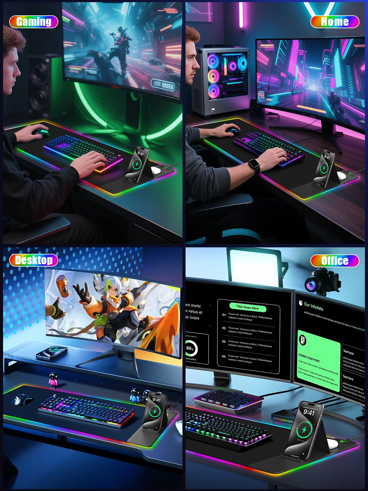 Alfombrilla de mouse con soporte plegable para teléfono y cargador inalámbrico, alfombrilla de mouse XXL RGB para juegos de 31.5 x 15.8 pulgadas, alfombrilla de escritorio grande para teclado