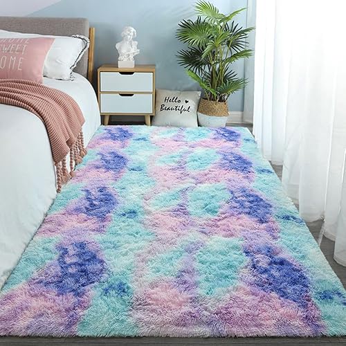 Miniatura 7 de DweIke Alfombras Esponjosas de Arcoíris para Dormitorio, Sala de Estar, 5 x 8 Pies, Felpa Suave Peluda Multicolor Azul Púrpura para Niñas y Niños,