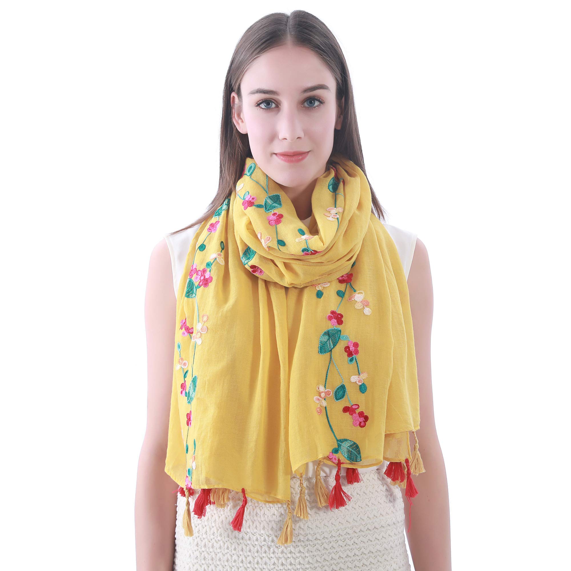 Lina & Lily Embroidered Floral Tassel Scarf Shawl Lightweight (Mustard)