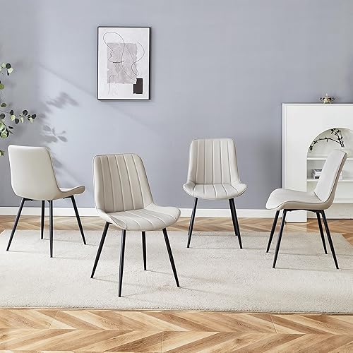 Miniatura 7 de Juego de 4 sillas de comedor de piel sintética, modernas sillas de comedor con respaldo de asiento acolchado + patas de metal, sillas tapizadas para