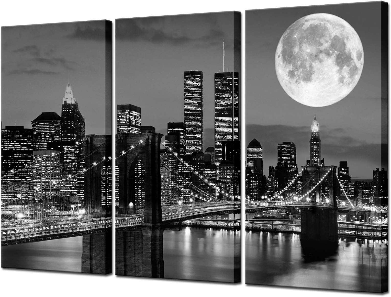 Biuteawal New York Skyline Wall Art Brooklyn Bridge Moon Night View Picture Canvas Print Black and White City Artwork Painting Modern Home Office Living Room Decoration
