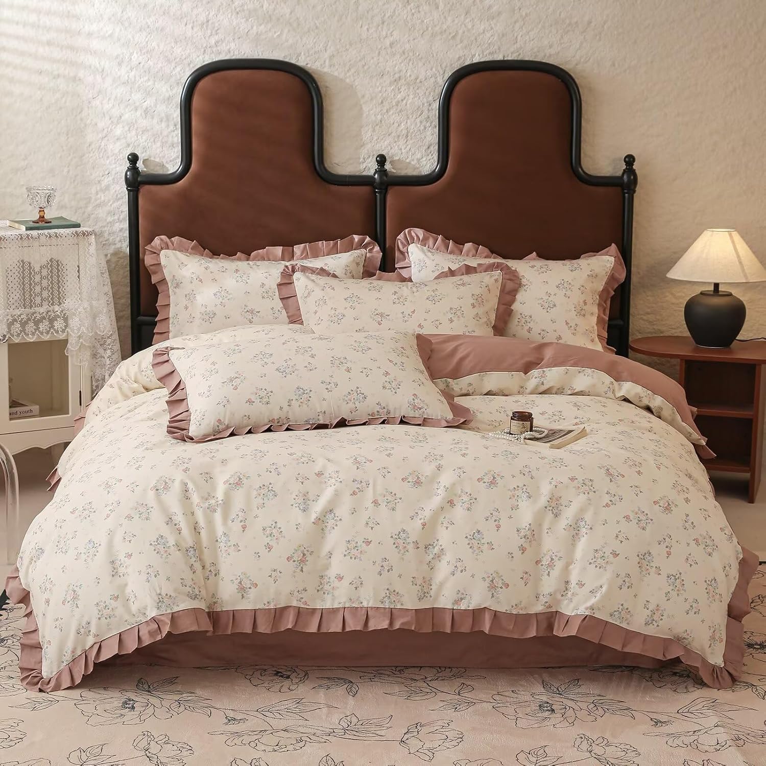 Juego de fundas de edredón con estampado de flores de tamaño individual con volantes rosa pálido, suave, vintage, 100% algodón, para niñas y niños,