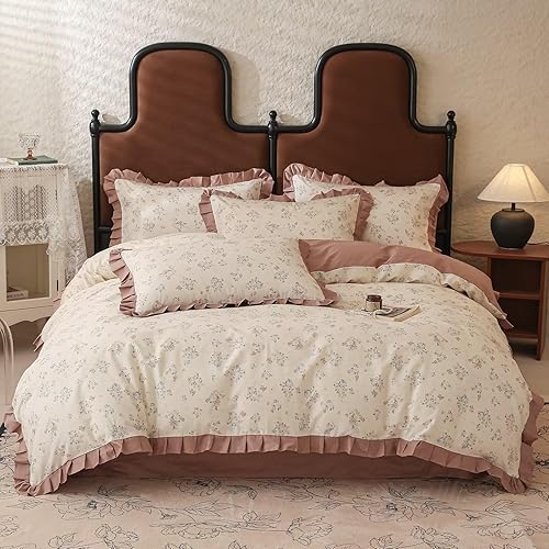 Juego de fundas de edredón con estampado de flores de tamaño individual con volantes rosa pálido, suave, vintage, 100% algodón, para niñas y niños,