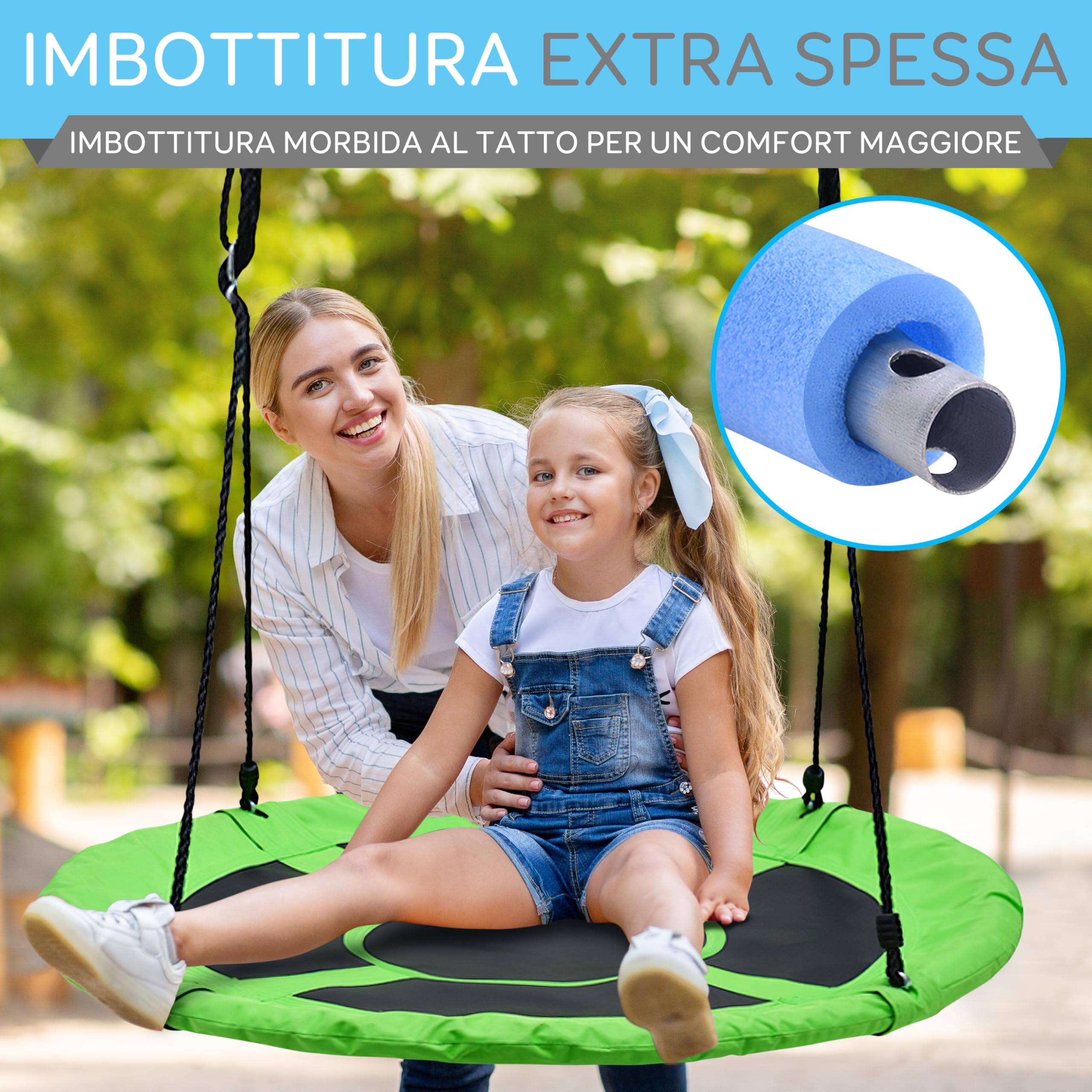 SereneLife Altalena da Giardino per Bambini Rotonda 102 cm con Kit di Fissaggio, Corde Regolabili e Altalena Girevole Centrale per Uso Esterno
