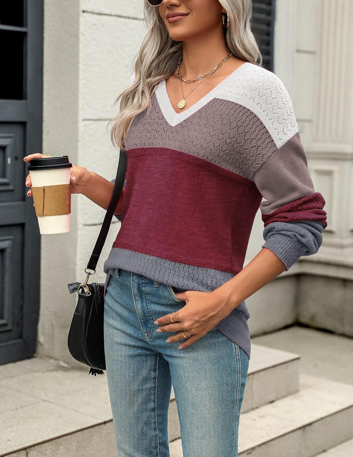 Zeagoo Womens 2026 Fall Sweaters Casual Long Sleeve Ribbed Knit Pullover V Neck Lightweight Crochet Pullover Sweater Top - Image 3