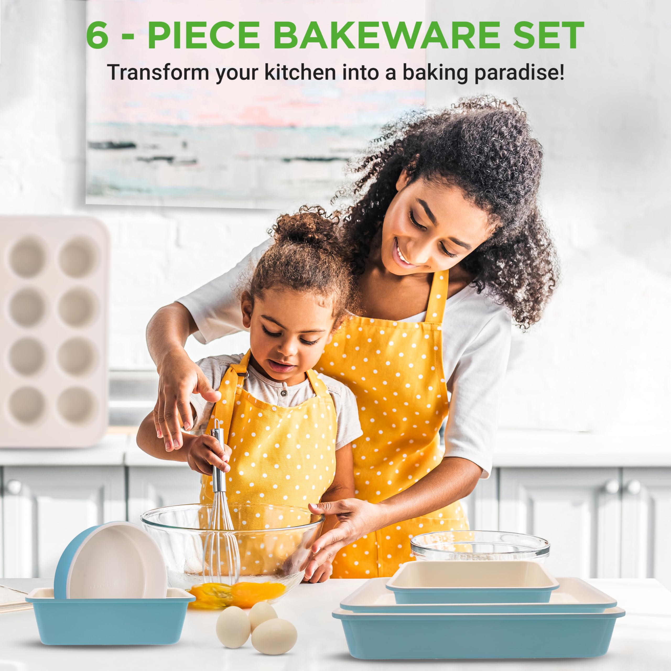 NutriChef Zestaw do Pieczenia 6 Sztuk - Blachy do Pieczenia z Powłoką Nieprzywierającą, Atrakcyjne Zielone Zewnętrzne Powierzchnie i Biały Środek, Wysokiej Jakości Akcesoria Kuchenne do Pieczenia