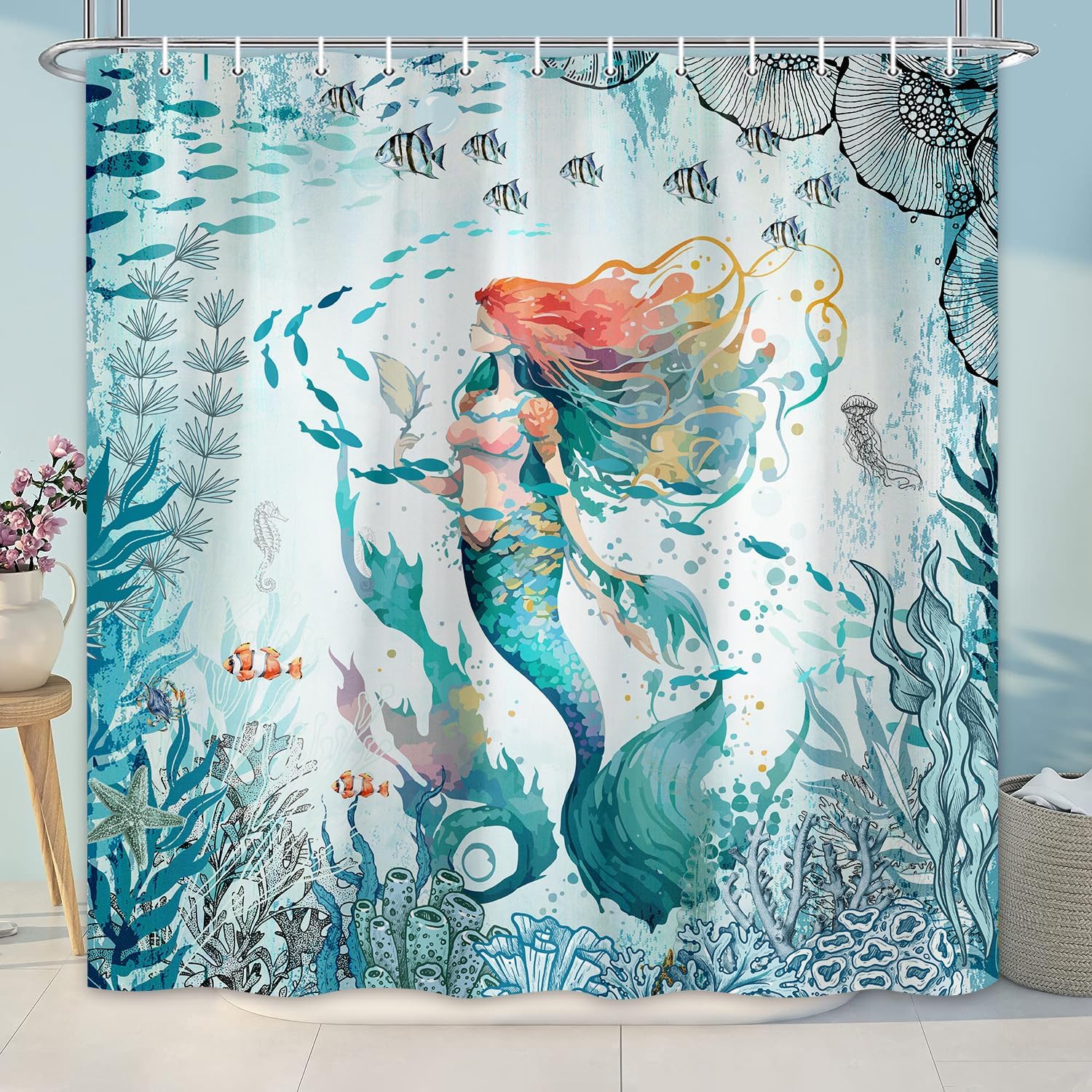 PINPAI Mermaid Shower Curtain for Kids, Green Teal Beach