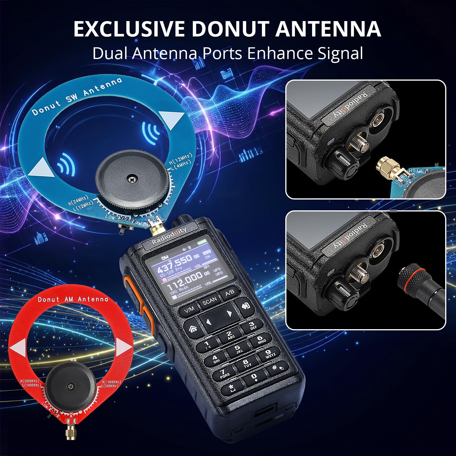 Radioddity GS-10B Pro Ricetrasmettitore Radioamatore, 8W Dual Band, Spettro in Tempo Reale, Ricevitore HF SSB CW Banda Aerea, App Prog, 999 CH, Antenne Donut SW/MW, HT Portatile per POTA & Field Day