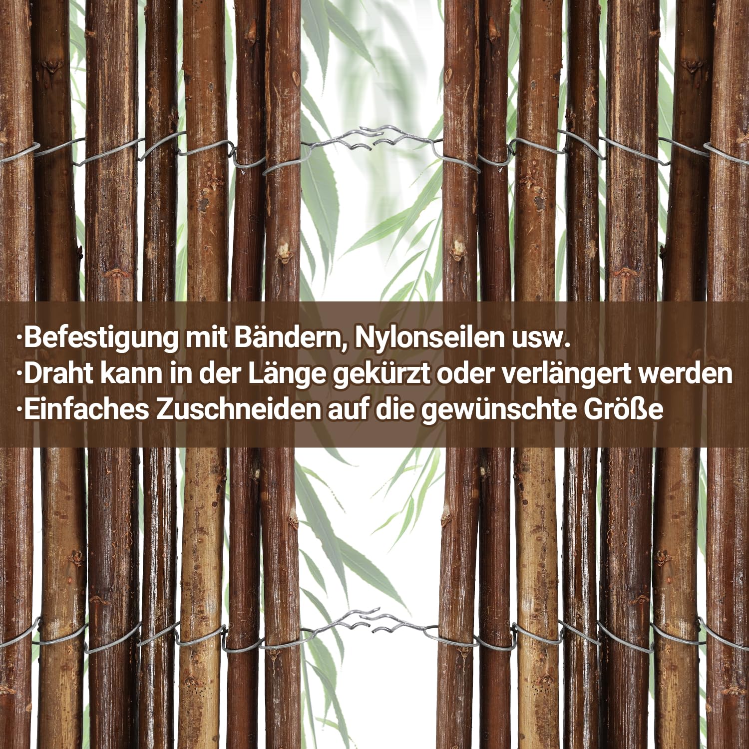 Mata wierzbowa 100 x 500 cm, Ø 6-13 mm, naturalna ochrona przed wzrokiem do ogrodu, na balkon i taras, ochrona przed wiatrem i słońcem, ogrodzenie balkonowe, elastyczny montaż, brązowa
