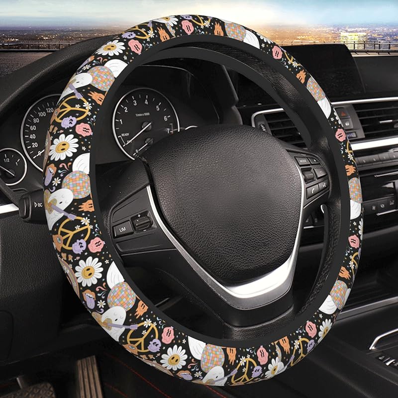 Capa para Volante THOEWONG com Estampa Halloween 70s Ghost Daisy Rainbow para Volantes de 36,8 a 38,1 cm