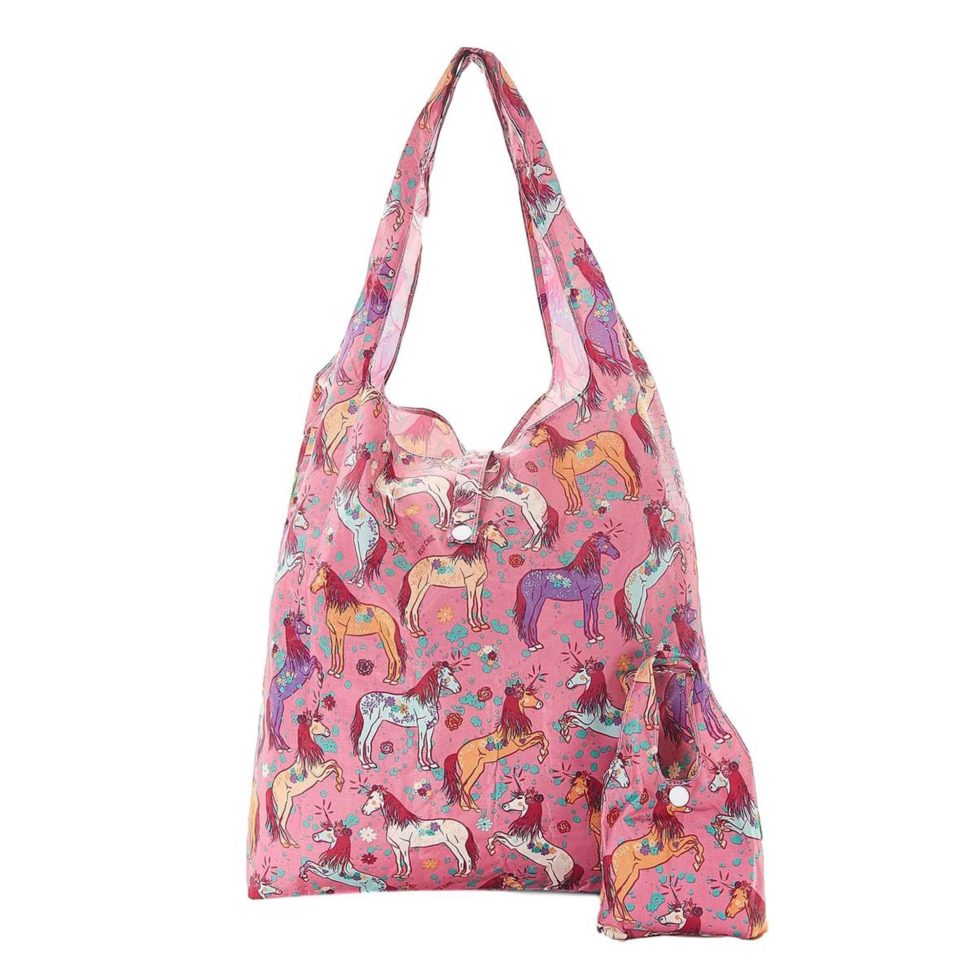 Unicorn Print Foldaway Shopper Holds 15kg max ECO CHIC Shopping Bag (Pink)