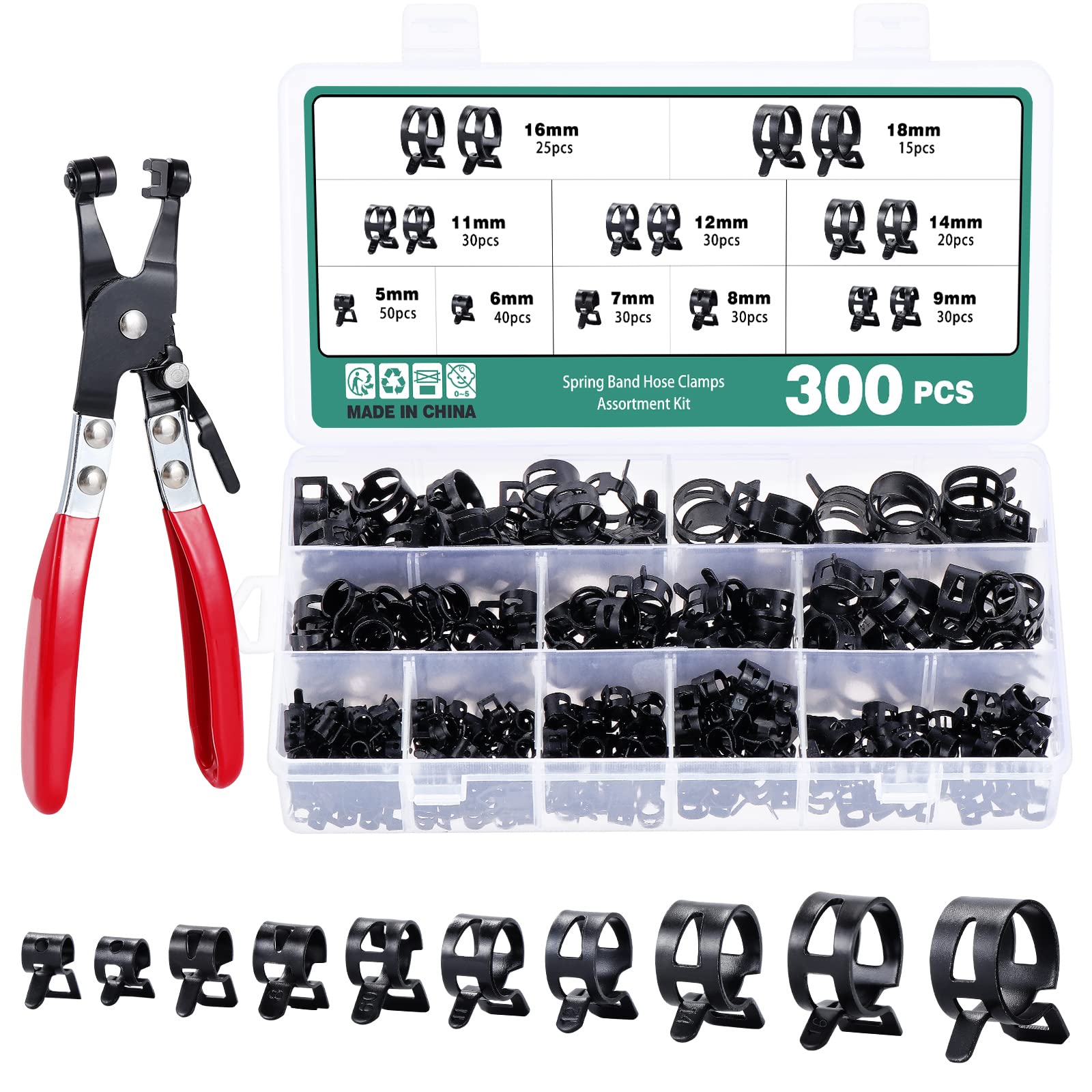 300 Pièces Colliers de Serrage à Ressort, Clips à Ressort Tuyau Serre-Joints à Tuyaux, 10 Tailles 5-18mm Colliers de Clip à Ressort, Colliers de Conduite de Carburant Tuyau avec une Pinces