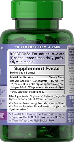 Miniatura 3 de Puritans Pride Extracto de aloe vera de 25 mg equivalente a 5000 mg cápsulas blandas 200 unidades el embalaje puede variar