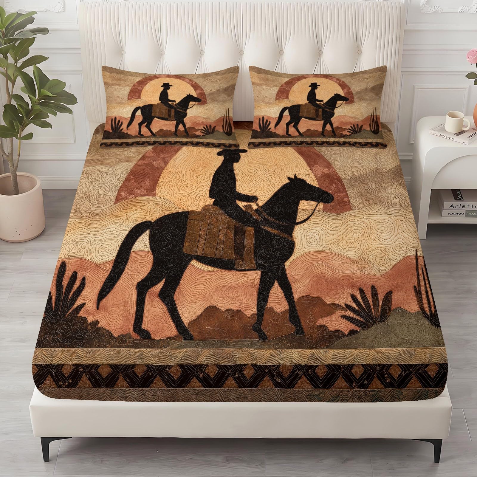 Juego de sábanas bajeras ajustables de 3 piezas, 140 x 200 cm, diseño vaquero jinete, de microfibra, retro, vintage, suave y agradable a la piel, transpirable, hipoalergénica, colchones de hasta 30 cm