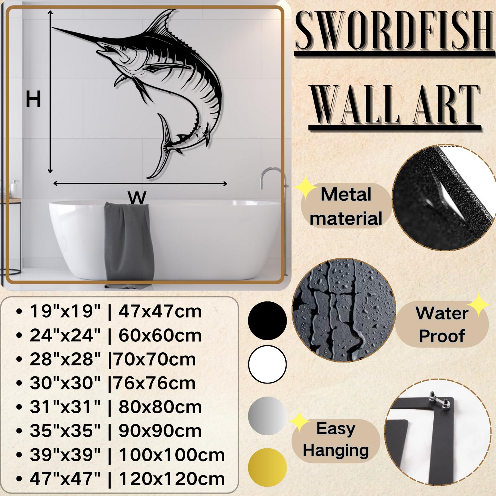 Decoración De Pared De Pez Espada XXL De Aluminio, Color Plata Crudo, Diseño Marinero Metálico Para Salón, Cocina O Dormitorio, 92 Cm