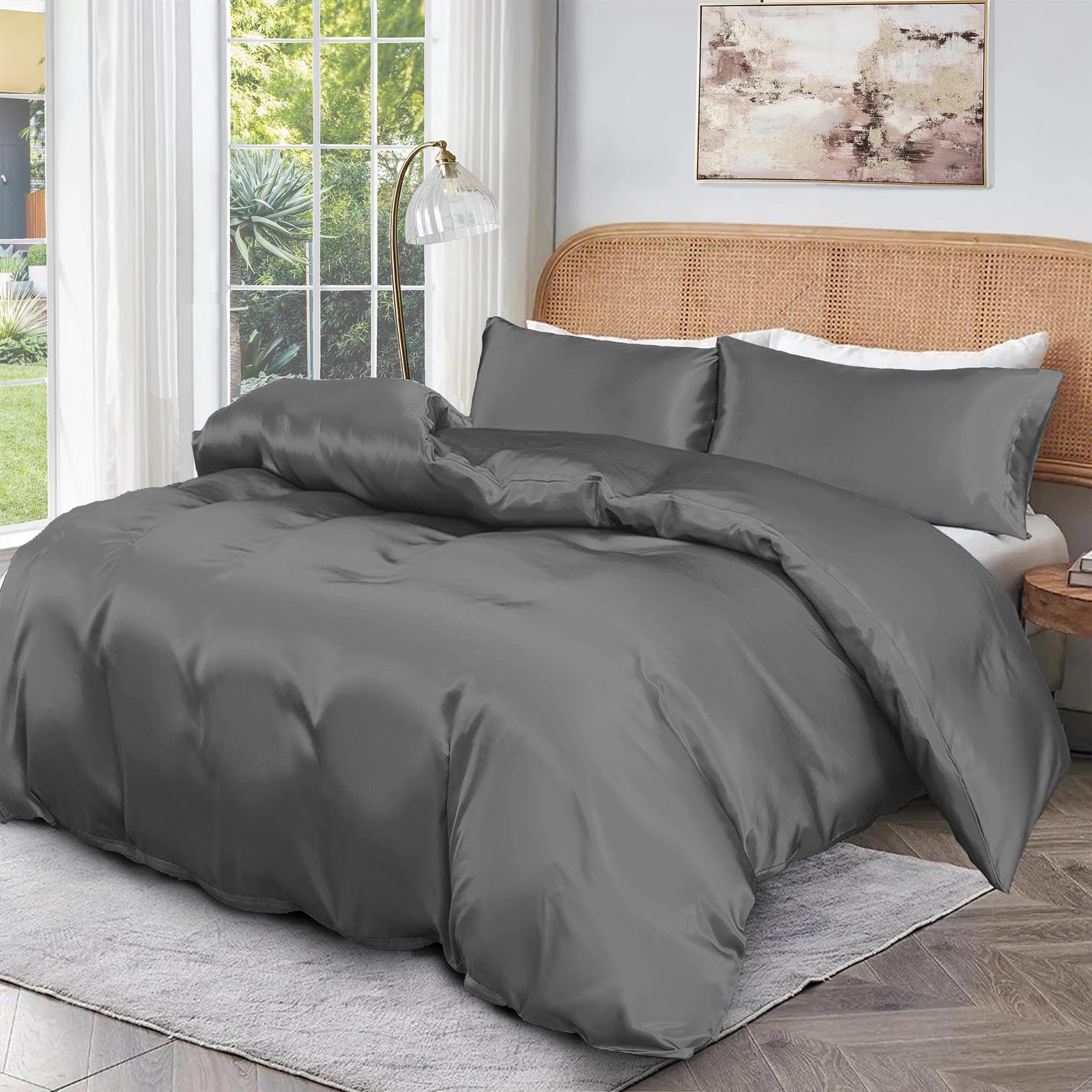 Roseley 100% BAMBOO Duvet Cover Set 300TC Organic Hypoallergenic Bed Linen Breathable Natural Fabric Temperature Regulating Machine Washable & Sustainable Bedding [Grey, Double]
