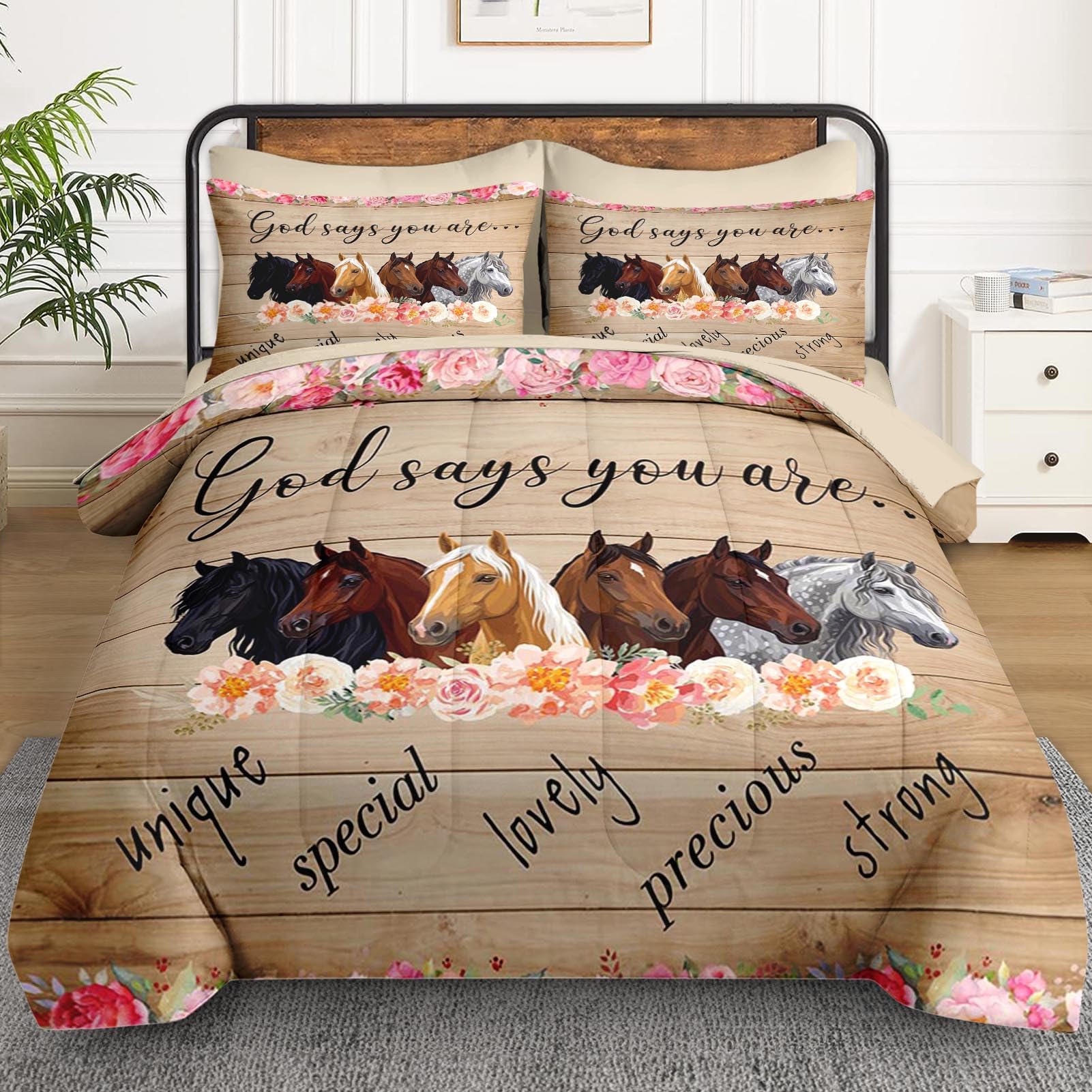 WeCozy Juego de edredón de 5 piezas de tamaño individual con funda de almohada y funda, juego de ropa de cama de flores de animales de caballos para niños y adultos, pensamientos inspiradores, cama en