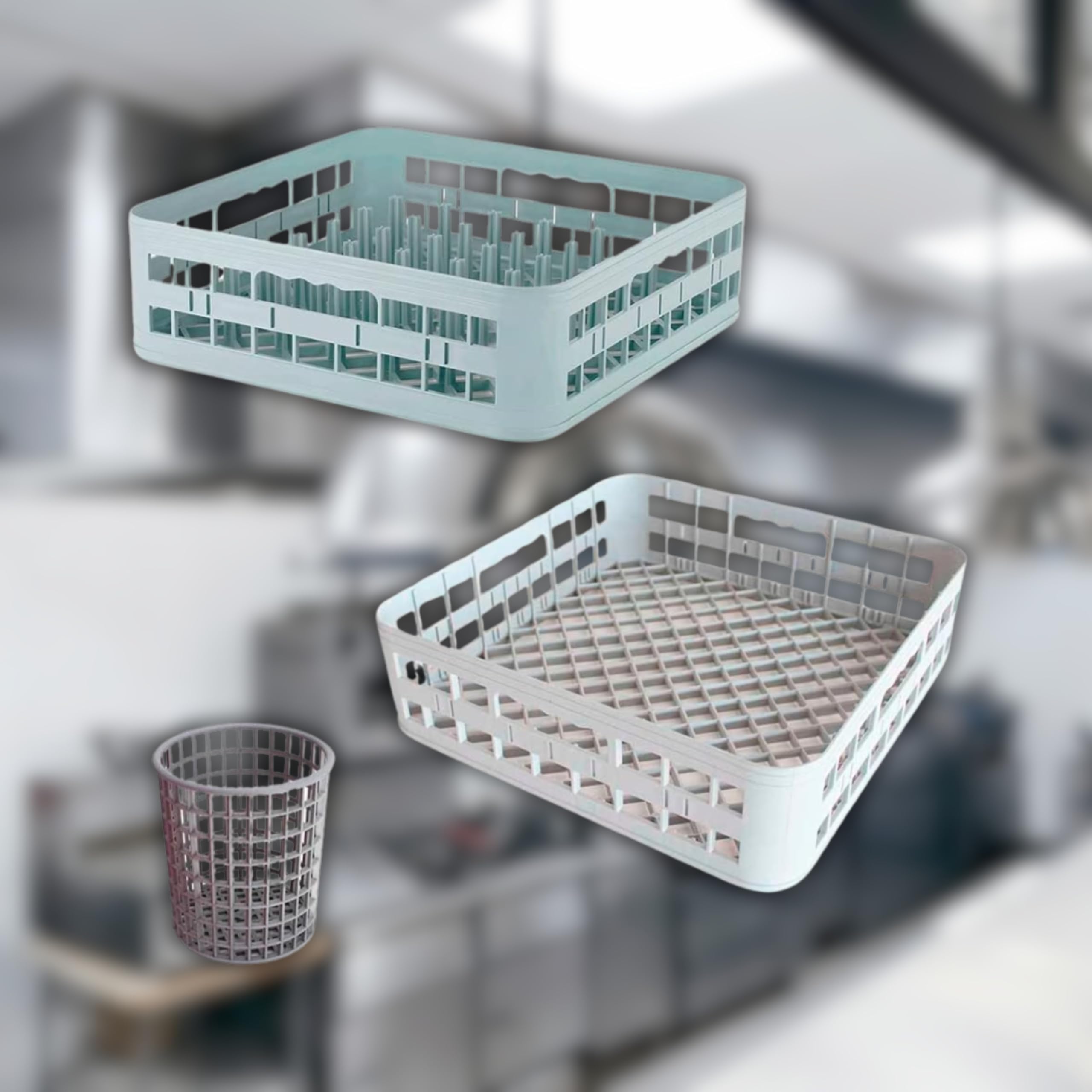 Kit De 2 Cestas De Lavado + 1 Cubilete Para Cubiertos - Lavavajillas Industrial Hosteleria, Cesta Lavavajillas, Lavavasos Industrial Hosteleria, Higiénico, Apilable, Dimensiones: 40x40x12 Cms