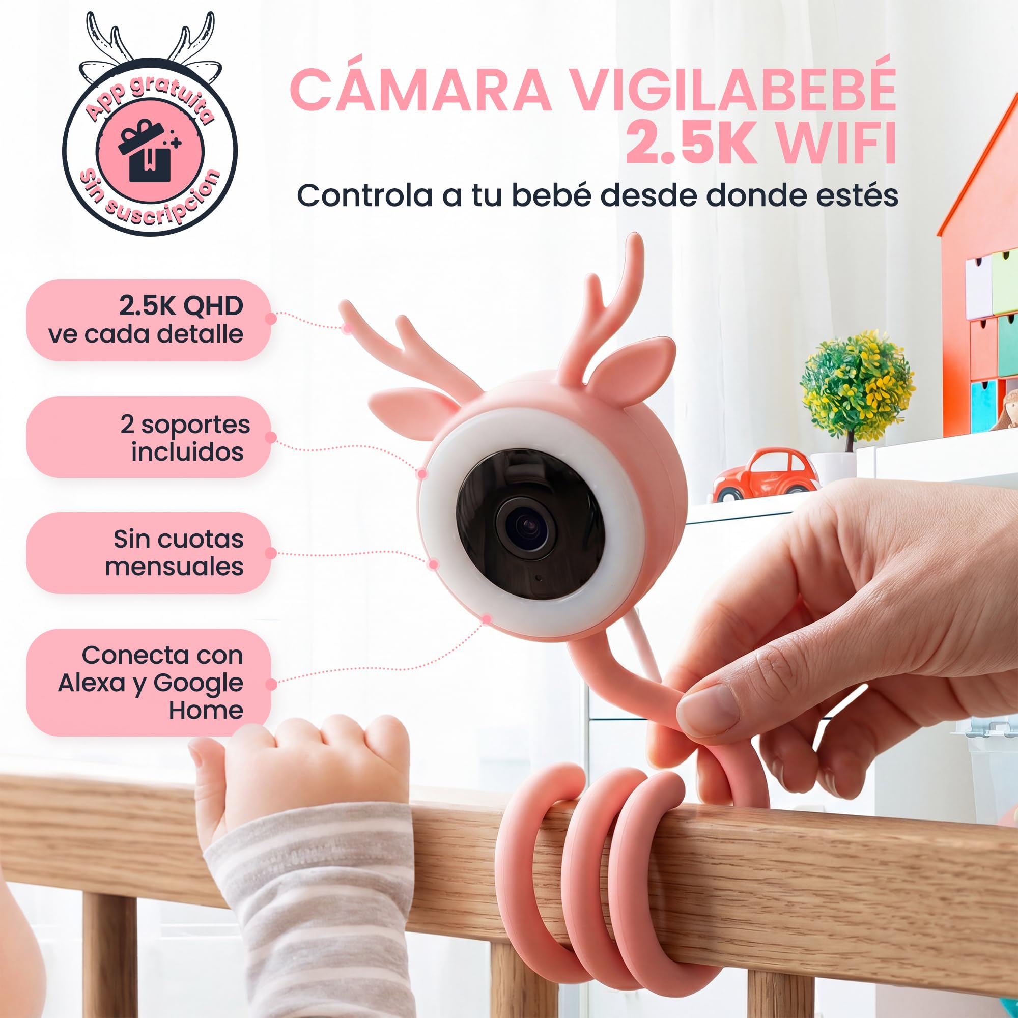 BABYSURE&CONFORT Camara Vigilancia Bebe - 4MP, Soporte Flexible y Rigido, Luz LED, Vigilabebes con Audio Bidireccional, Vision Nocturna, Alarma Llanto y Movimiento, Wi-Fi 2.4GHz Smart App móvil (Rosa)
