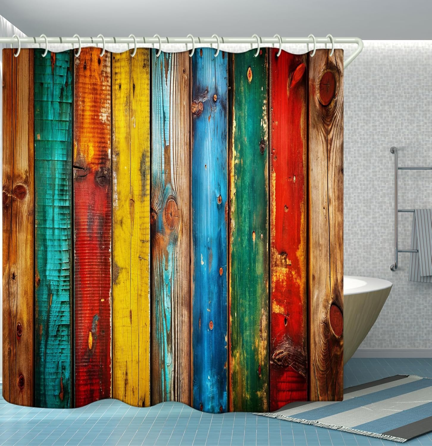 LYFANS Bathroom Shower Curtains Brings a Pleasant Mood to Bathing, with a Unique Artistic Waterproof Colored Wooden Shower Curtain (72x72 Inches) Equipped with 12 Hooks.