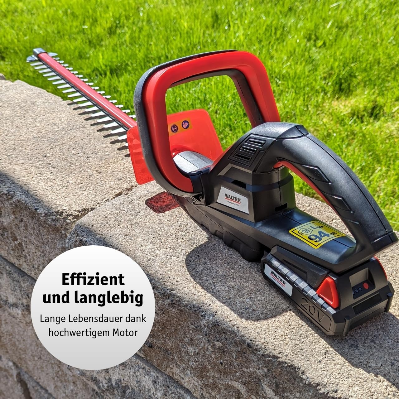 WALTER Li-Ion Akku-Heckenschere 20V, 45cm Schnittlänge | Zusatzhandgriff, Komfortables Arbeiten, schneidet präzise und ordentlich,Scharfes Metall Messer,längere Gartenarbeit geeignet