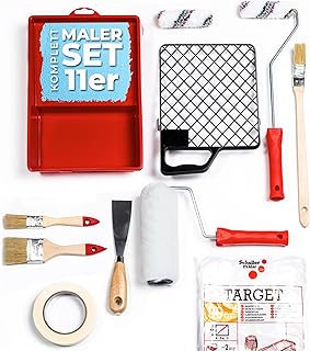 Schuller Eh‘ klar/Yes Premium Malerset – Komplettes Malerzubehör mit Farbwanne, Abstreifgitter, 2 Pinseln, Langstielpinsel, 2 Farbwalzen, Abdeckplane, Spachtel & Klebeband (11-teilig)
