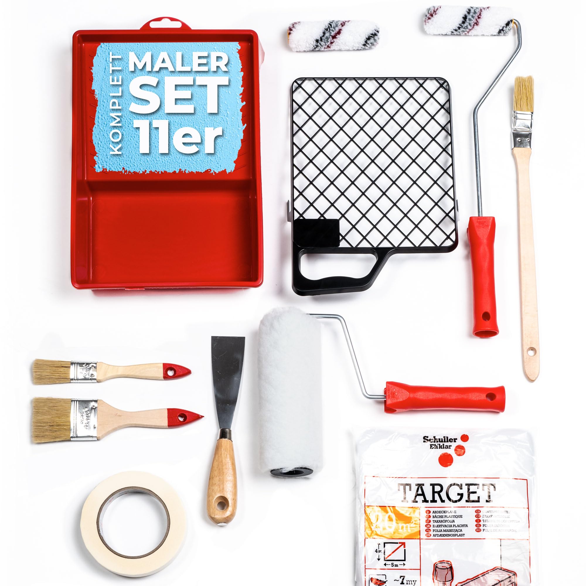 Schuller Eh' trasparente/Yes Premium - Set di pittura completo con vaschetta per vernice, raschietto, 2 pennelli, pennello lungo, 2 rulli di vernice, telone, spatola e nastro adesivo (11 pezzi)