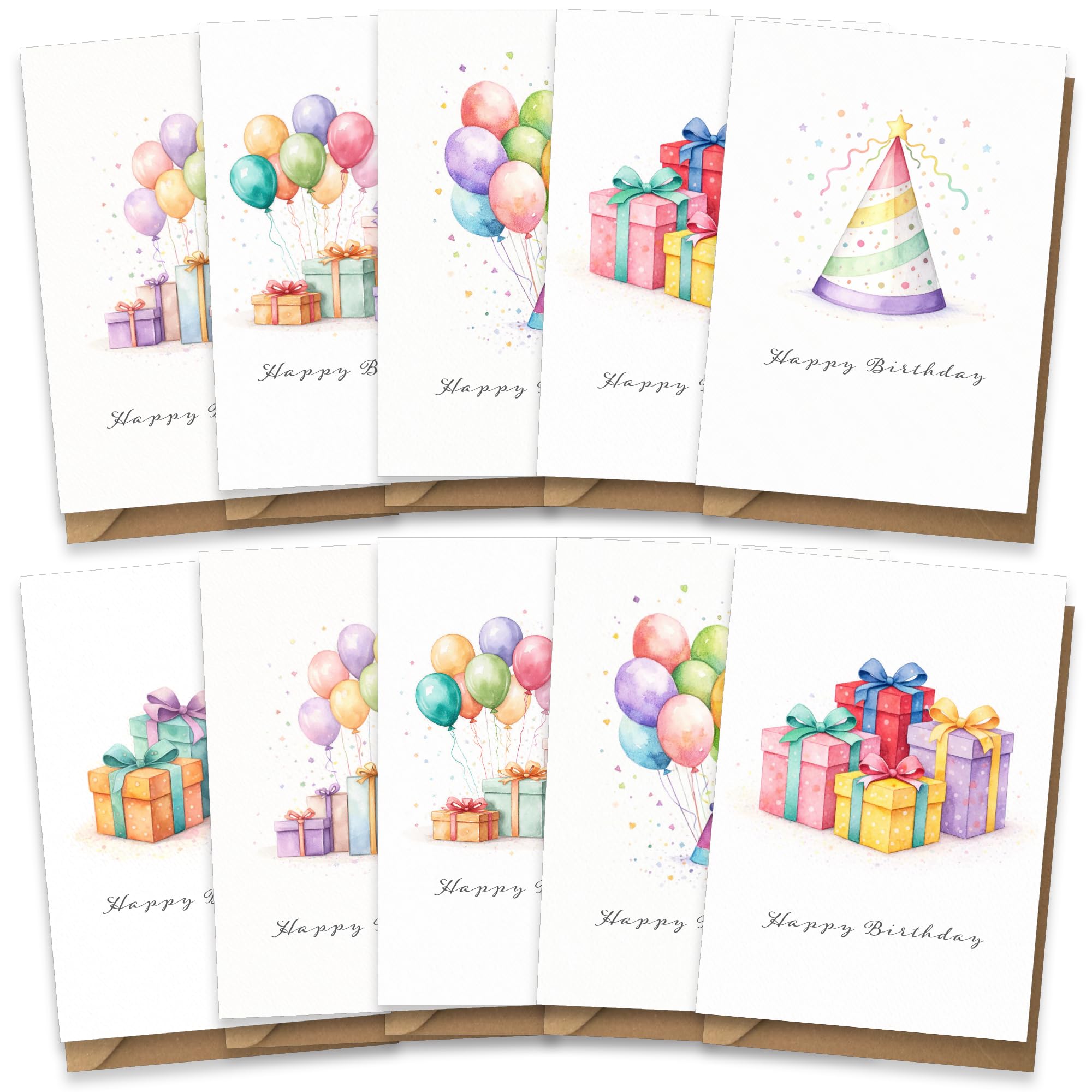 Happy Birthday Cards Multipack, Pack of 10 Cards, Assorted Colourful Watercolour Designs for Children Teens Adults Men Women Family Friends, Multi-pack of Ten, Blank Inside with Premium Envelopes